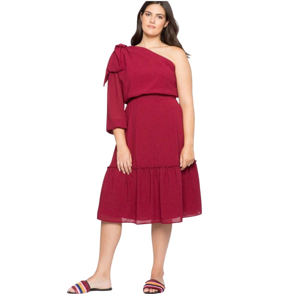 Eloquii One Shoulder Midi Layered Gingham Dress NEW (18) Flowy Bow Tiered Light